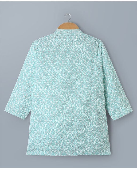 Babyhug Cotton Woven Full Sleeves Kurta & Pyjama Set With Floral Embroidery - Sky Blue
