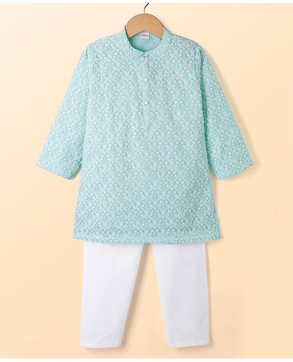 Babyhug Woven Full Sleeves Embroidered Kurta & Pyjama Set - Light Blue