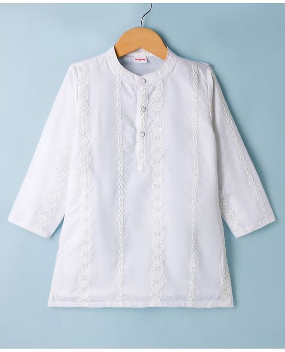 Babyhug Woven Full Sleeves Self Embroidered Kurta - White