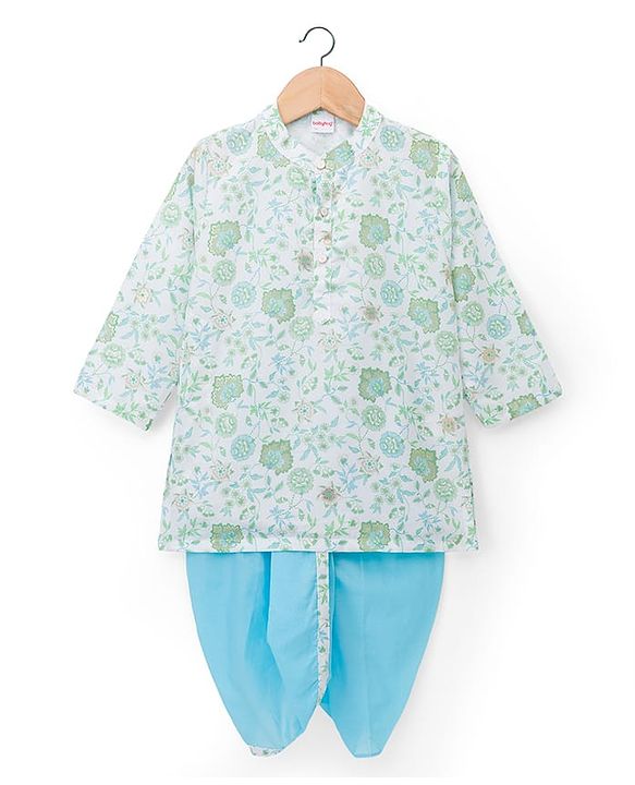 Babyhug Cambric Woven Full Sleeves Kurta Dhoti Set With Floral Print - Green