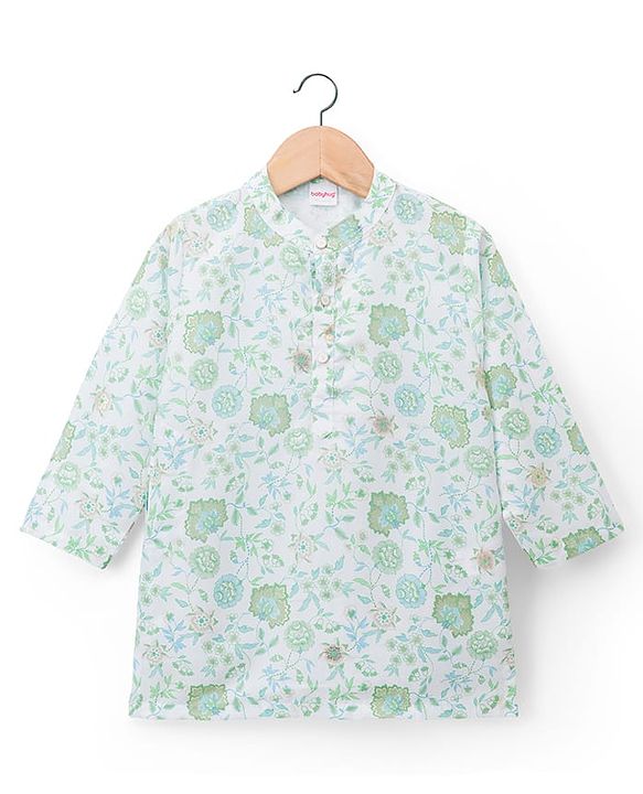 Babyhug Cambric Woven Full Sleeves Kurta Dhoti Set With Floral Print - Green