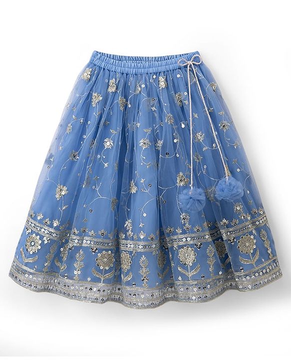 Babyhug Net Woven Half Sleeves Embroidered Lehenga Choli With Dupatta & Sequin Detailing - Blue