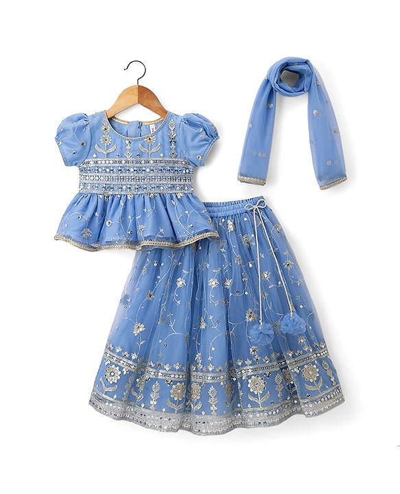 Babyhug Net Woven Half Sleeves Embroidered Lehenga Choli With Dupatta & Sequin Detailing - Blue