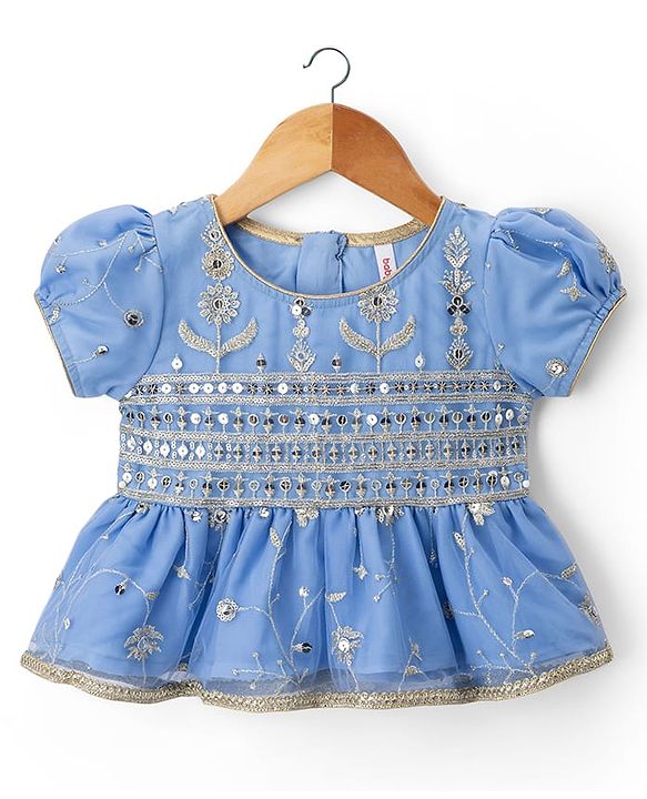 Babyhug Net Woven Half Sleeves Embroidered Lehenga Choli With Dupatta & Sequin Detailing - Blue