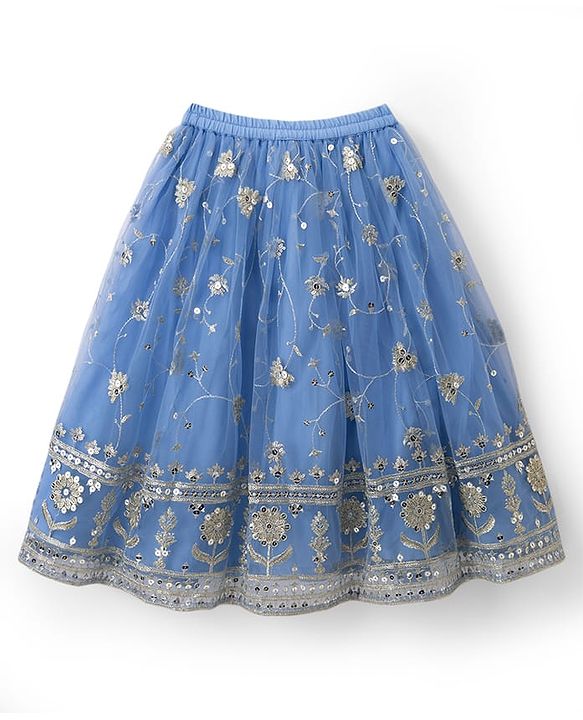 Babyhug Net Woven Half Sleeves Embroidered Lehenga Choli With Dupatta & Sequin Detailing - Blue