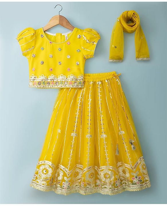 Babyhug Woven Half Sleeves Sequinned & Embroidered Choli Lahenga Set with Dupatta - Yellow