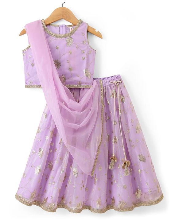 Babyhug Net Woven Sleeveless Woven Lehenga Choli Set & Dupatta With Sequin Detailing - Lavender