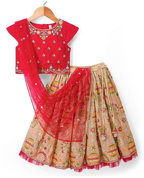 Babyhug Chanderi Woven Half Sleeves Choli Lehenga Set with Floral Embroidery & Dupatta - Beige & Red