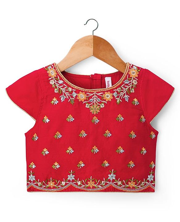 Babyhug Chanderi Woven Half Sleeves Choli Lehenga Set with Floral Embroidery & Dupatta - Beige & Red