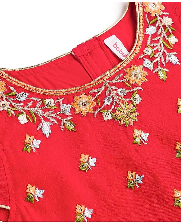 Babyhug Chanderi Woven Half Sleeves Choli Lehenga Set with Floral Embroidery & Dupatta - Beige & Red