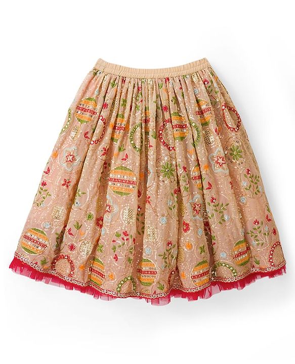 Babyhug Chanderi Woven Half Sleeves Choli Lehenga Set with Floral Embroidery & Dupatta - Beige & Red