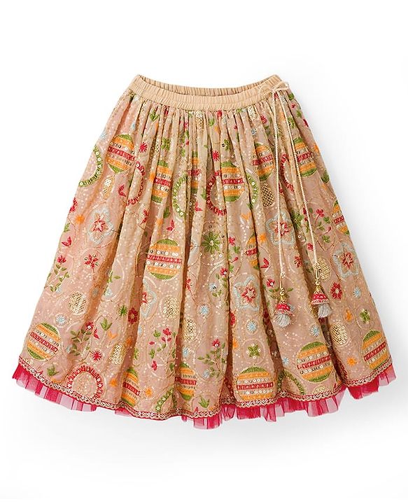 Babyhug Chanderi Woven Half Sleeves Choli Lehenga Set with Floral Embroidery & Dupatta - Beige & Red