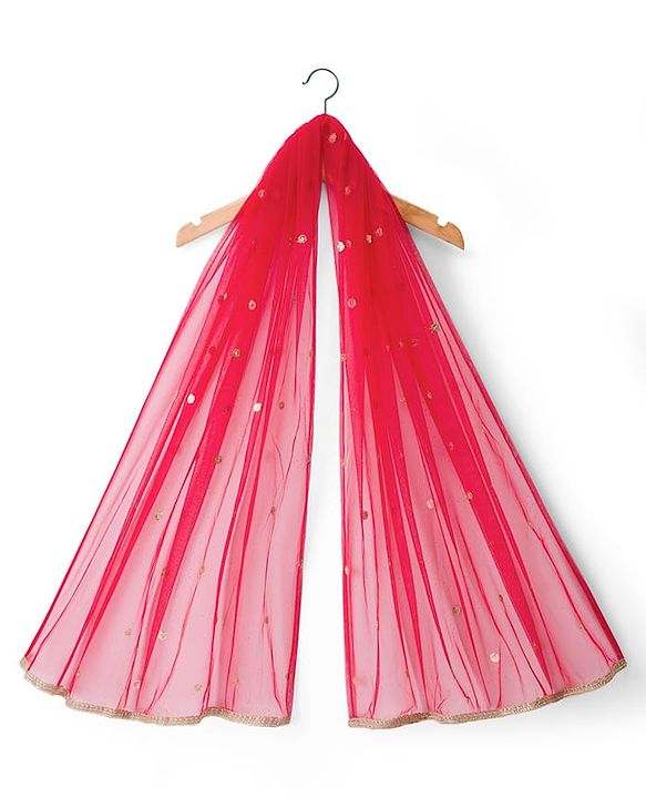 Babyhug Chanderi Woven Half Sleeves Choli Lehenga Set with Floral Embroidery & Dupatta - Beige & Red