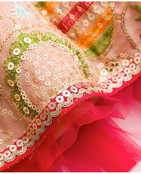 Babyhug Chanderi Woven Half Sleeves Choli Lehenga Set with Floral Embroidery & Dupatta - Beige & Red
