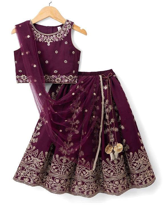 Babyhug Chanderi Woven Sleeveless Embroidered Lehenga Choli Set & Dupatta With Sequin Detailing - Wine
