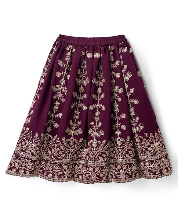 Babyhug Chanderi Woven Sleeveless Embroidered Lehenga Choli Set & Dupatta With Sequin Detailing - Wine