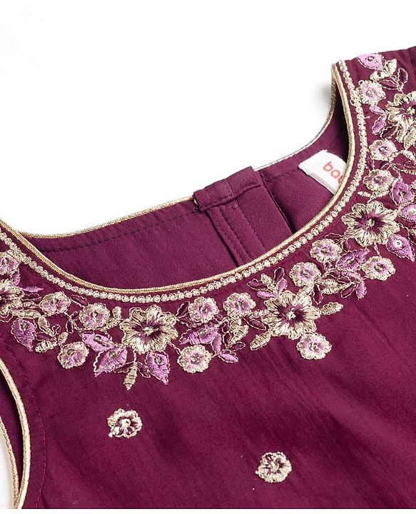 Babyhug Chanderi Woven Sleeveless Embroidered Lehenga Choli Set & Dupatta With Sequin Detailing - Wine
