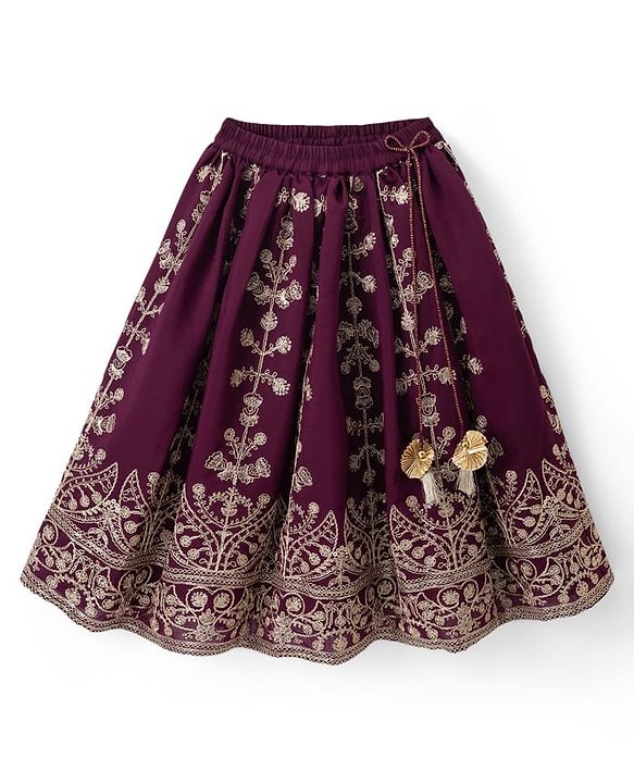 Babyhug Chanderi Woven Sleeveless Embroidered Lehenga Choli Set & Dupatta With Sequin Detailing - Wine