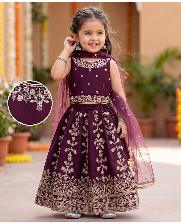 Babyhug Chanderi Woven Sleeveless Embroidered Lehenga Choli Set & Dupatta With Sequin Detailing - Wine