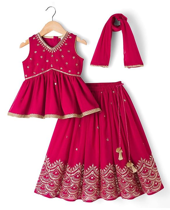 Babyhug Georgette Woven  Sleeveless Choli Lahenga Dupatta Set with Sequinned Detailing - Dark Pink