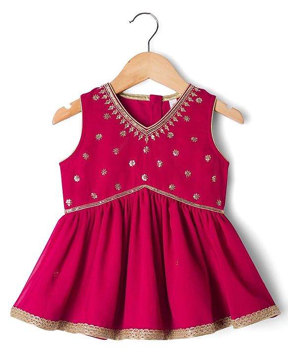 Babyhug Georgette Woven  Sleeveless Choli Lahenga Dupatta Set with Sequinned Detailing - Dark Pink