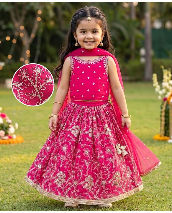 Babyhug Chanderi Woven Sleeveless Choli Lehenga Set & Dupatta With Sequin Detailing - Fuschia