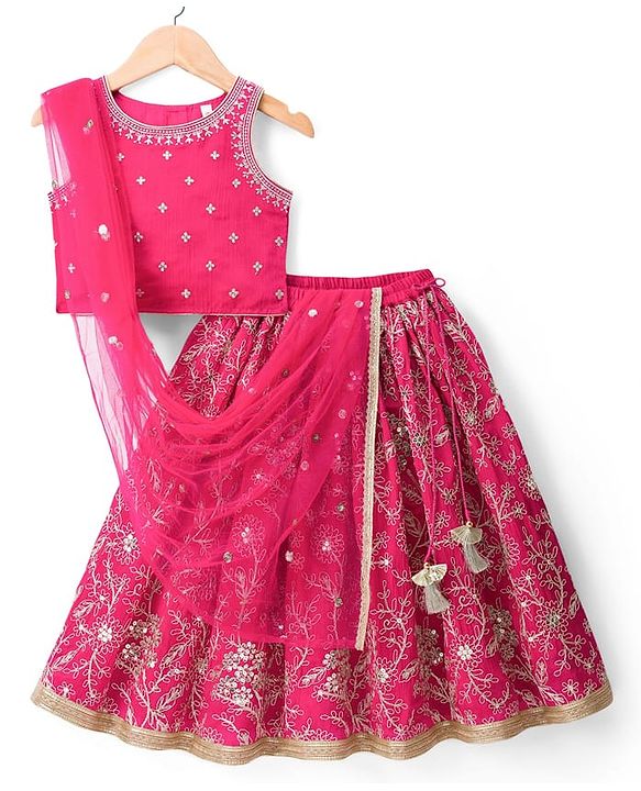Babyhug Chanderi Woven Sleeveless Choli Lehenga Set & Dupatta With Sequin Detailing - Fuschia