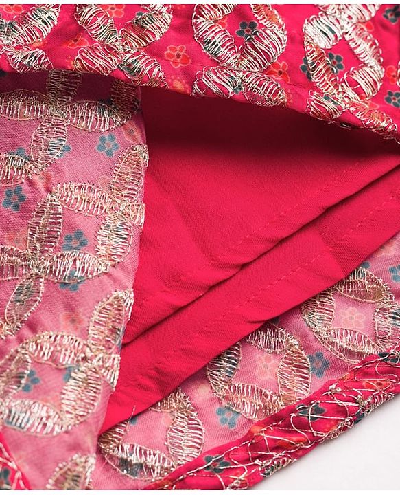 Babyhug Woven Half Sleeves Floral Printed & Embroidered Lehenga Choli Set With Dupatta Set - Fuchsia