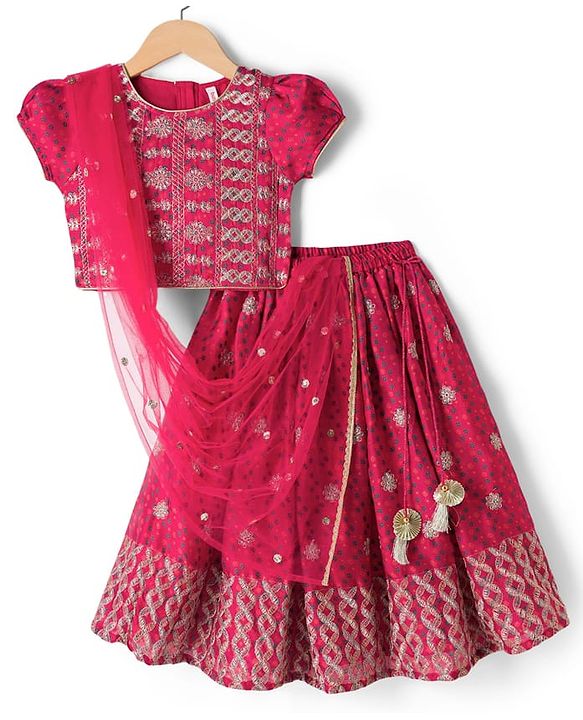 Babyhug Woven Half Sleeves Floral Printed & Embroidered Lehenga Choli Set With Dupatta Set - Fuchsia