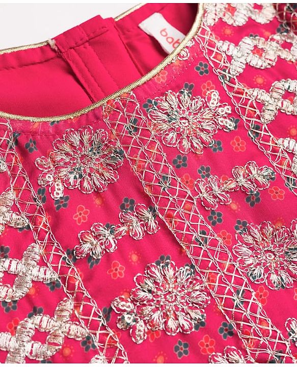 Babyhug Woven Half Sleeves Floral Printed & Embroidered Lehenga Choli Set With Dupatta Set - Fuchsia