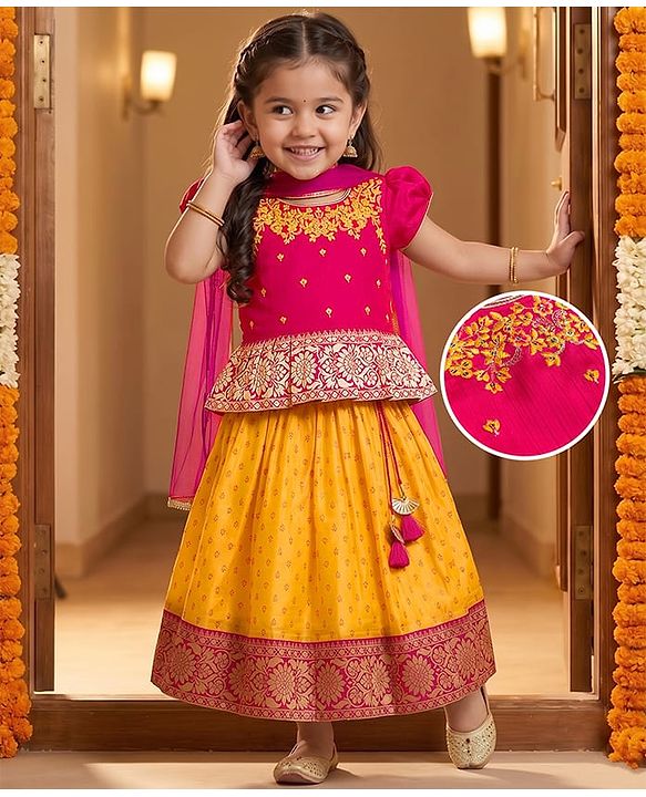 Babyhug Woven Half Sleeves Floral Embroidered & Printed Pattu Pavada Lehenga Choli Set With Dupatta - Yellow & Fuchsia