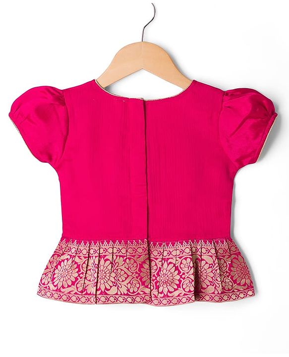 Babyhug Woven Half Sleeves Floral Embroidered & Printed Pattu Pavada Lehenga Choli Set With Dupatta - Yellow & Fuchsia