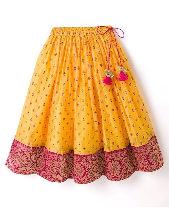 Babyhug Woven Half Sleeves Floral Embroidered & Printed Pattu Pavada Lehenga Choli Set With Dupatta - Yellow & Fuchsia