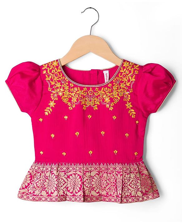 Babyhug Woven Half Sleeves Floral Embroidered & Printed Pattu Pavada Lehenga Choli Set With Dupatta - Yellow & Fuchsia