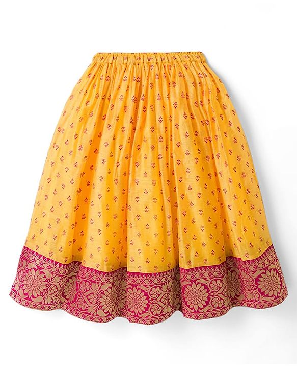 Babyhug Woven Half Sleeves Floral Embroidered & Printed Pattu Pavada Lehenga Choli Set With Dupatta - Yellow & Fuchsia