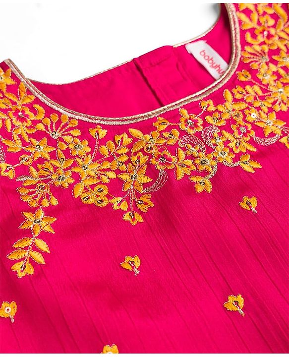 Babyhug Woven Half Sleeves Floral Embroidered & Printed Pattu Pavada Lehenga Choli Set With Dupatta - Yellow & Fuchsia