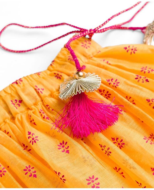 Babyhug Woven Half Sleeves Floral Embroidered & Printed Pattu Pavada Lehenga Choli Set With Dupatta - Yellow & Fuchsia