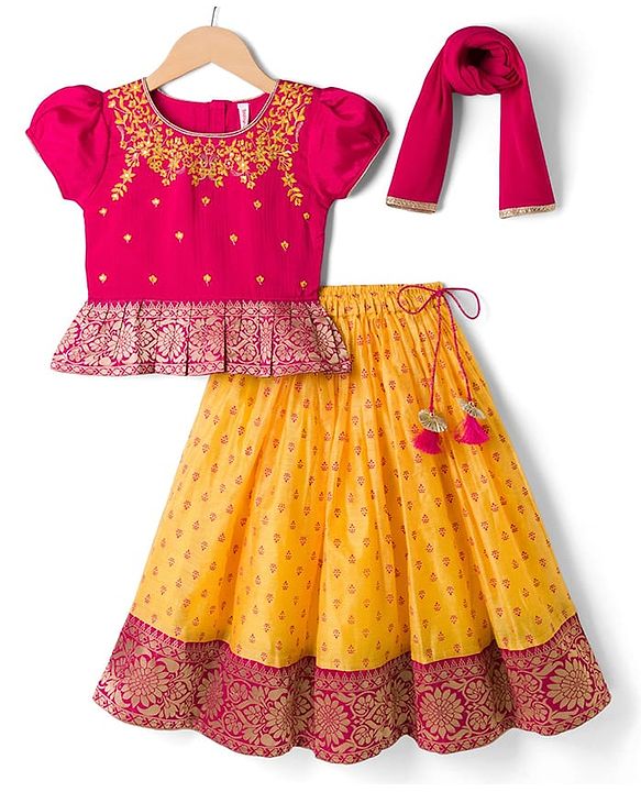 Babyhug Woven Half Sleeves Floral Embroidered & Printed Pattu Pavada Lehenga Choli Set With Dupatta - Yellow & Fuchsia