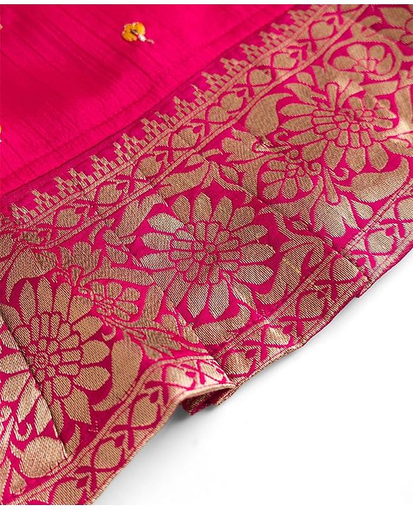 Babyhug Woven Half Sleeves Floral Embroidered & Printed Pattu Pavada Lehenga Choli Set With Dupatta - Yellow & Fuchsia