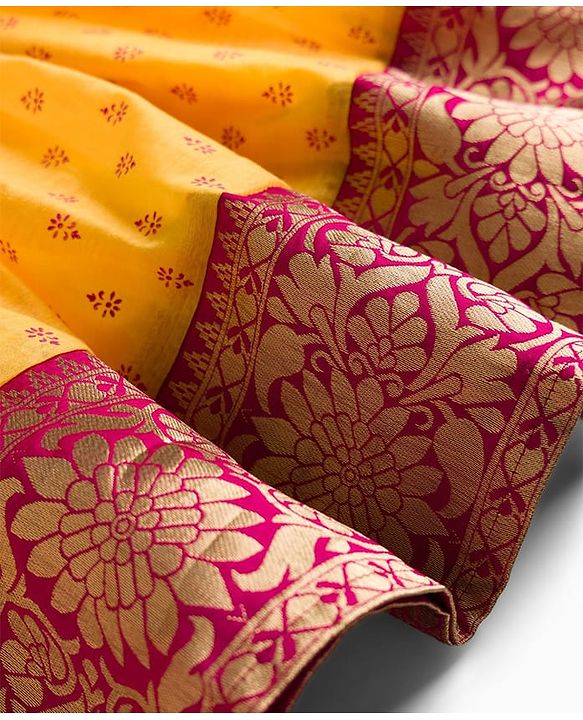 Babyhug Woven Half Sleeves Floral Embroidered & Printed Pattu Pavada Lehenga Choli Set With Dupatta - Yellow & Fuchsia
