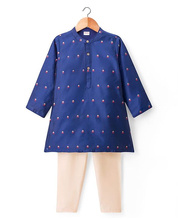 Babyhug Brocade Woven Full Sleeves Printed Kurta Pyjama Set - Navy Blue