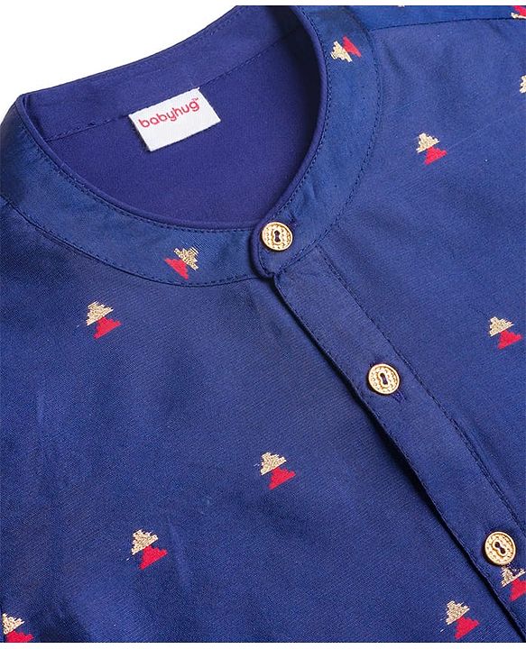 Babyhug Brocade Woven Full Sleeves Printed Kurta Pyjama Set - Navy Blue