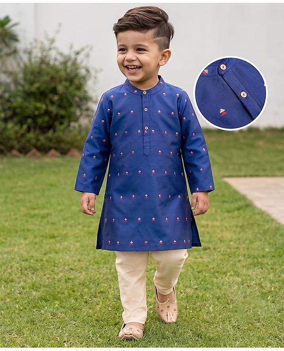 Babyhug Brocade Woven Full Sleeves Printed Kurta Pyjama Set - Navy Blue
