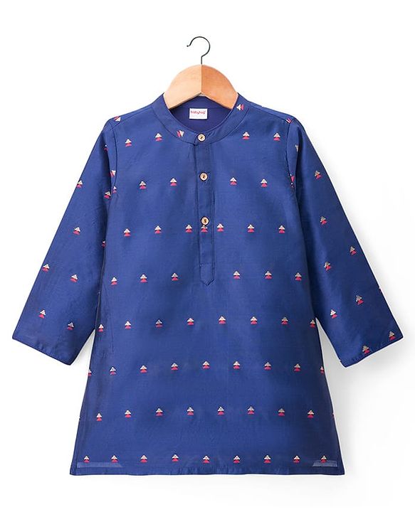 Babyhug Brocade Woven Full Sleeves Printed Kurta Pyjama Set - Navy Blue