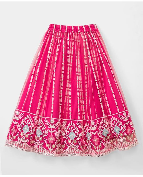 Babyhug Net Woven Frill Sleeves Lehenga Choli & Dupatta With Floral Embroidery & Sequin Detailing - Pink