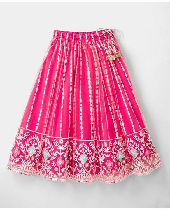Babyhug Net Woven Frill Sleeves Lehenga Choli & Dupatta With Floral Embroidery & Sequin Detailing - Pink