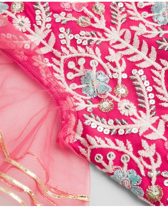 Babyhug Net Woven Frill Sleeves Lehenga Choli & Dupatta With Floral Embroidery & Sequin Detailing - Pink