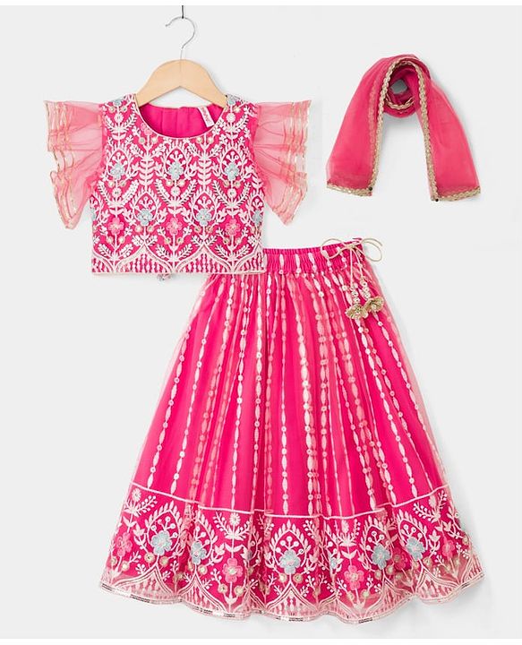 Babyhug Net Woven Frill Sleeves Lehenga Choli & Dupatta With Floral Embroidery & Sequin Detailing - Pink