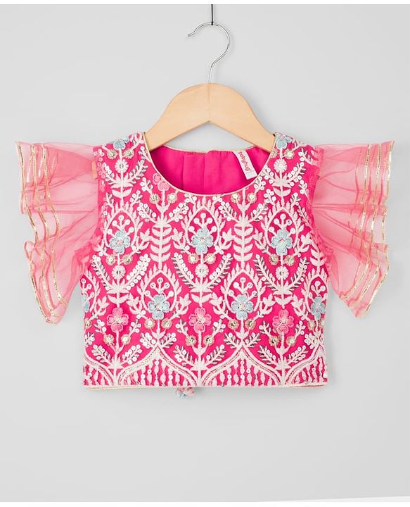 Babyhug Net Woven Frill Sleeves Lehenga Choli & Dupatta With Floral Embroidery & Sequin Detailing - Pink