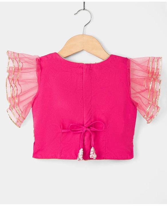 Babyhug Net Woven Frill Sleeves Lehenga Choli & Dupatta With Floral Embroidery & Sequin Detailing - Pink
